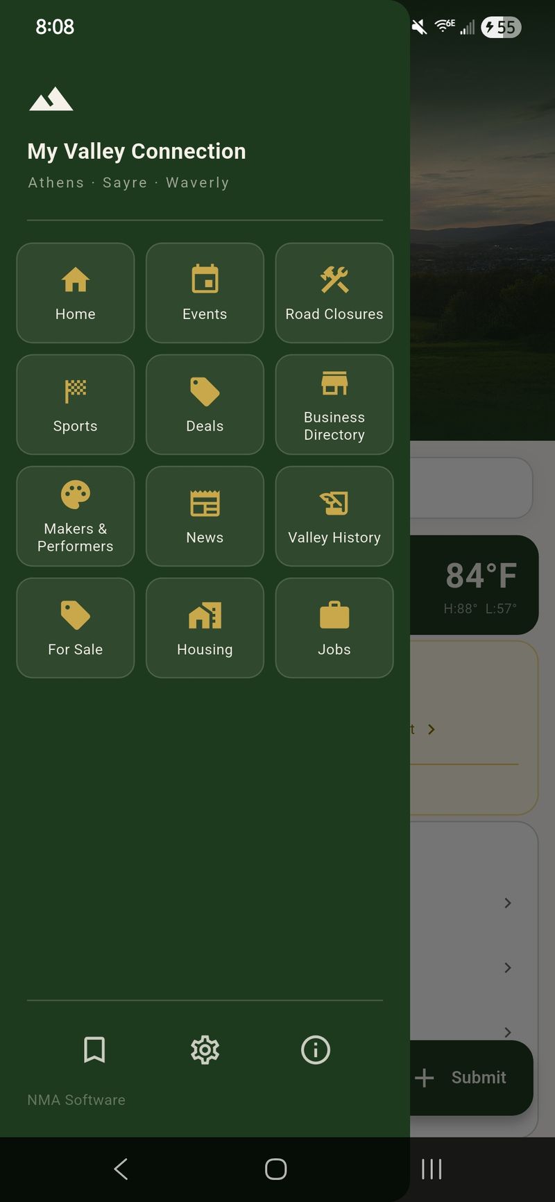 My Valley Connection — menu of sections