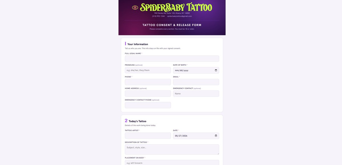 SpiderBaby Tattoo — consent & release form